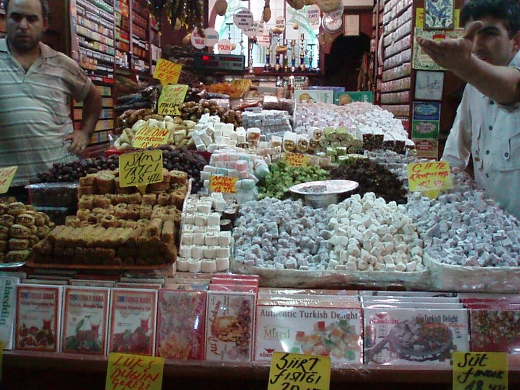 A large selection of different types of Turkish Delight on a market stall